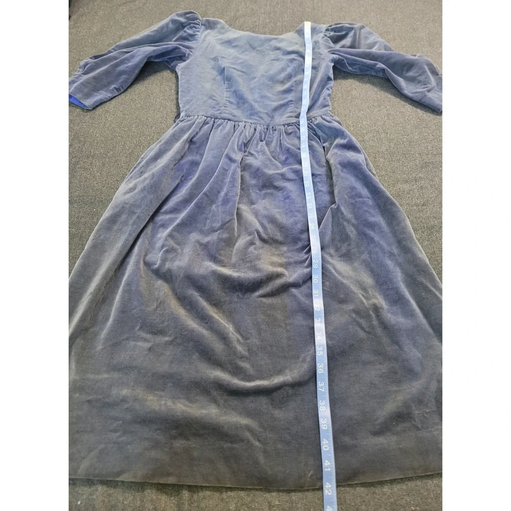 Vintage 40s‎ 50s Dusty Blue Velvet Midi Dress 3/4 Sleeve Ribbon Waist FLAW XS